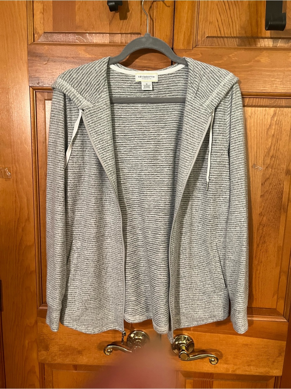 Liz Claiborne Gray Striped Hooded Zip Jacket
